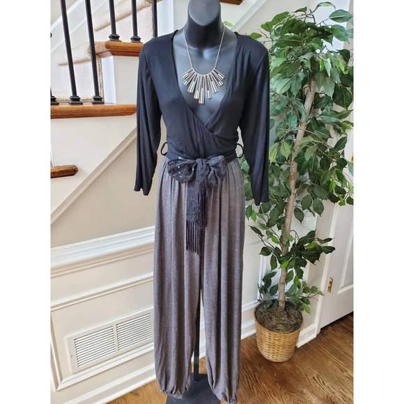 Inseparable Women's Black & Gray Rayon Long Sleeve V-Neck Jumpsuits Size Large - Picture 10 of 10